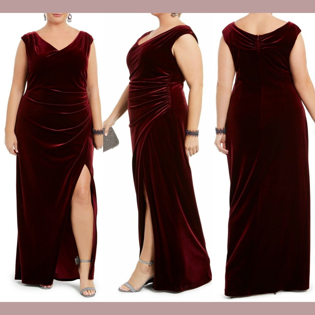 Nwt $219 Betsy & Adam Ruched Velvet High Slit Gown In Burgundy [Sz 16w ]